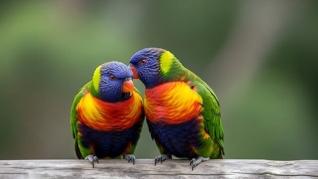 Two colorful rainbow lorikeets perched together on a wooden branch