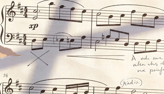 Displaying printed piano sheet music on desk, showing torn left edge, 'xp' marking, pen annotations