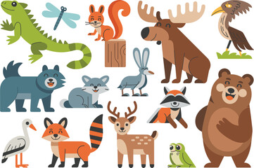 Naklejka premium Cute cartoon wild animals collection set with forest, jungle creatures, isolated vector illustration on white background