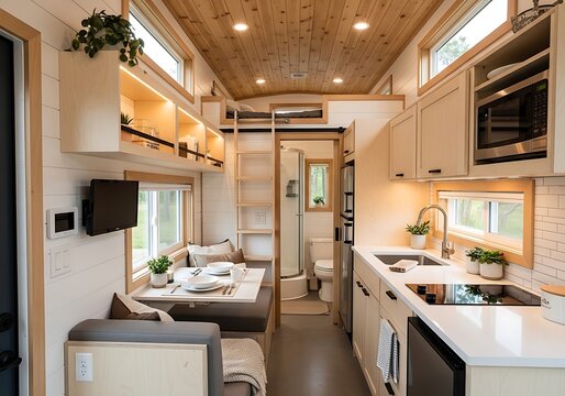 Tiny home interior with kitchen and dining area small house