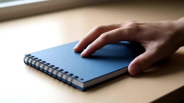 Hand touching a blue notebook on a wooden desk, close-up shot.