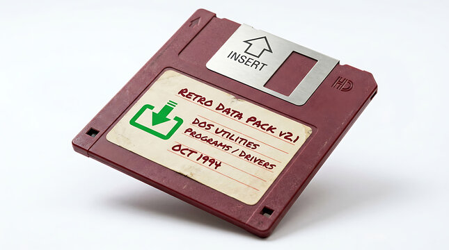Close-up of a vintage brown 3.5-inch floppy disk with a handwritten "retro data pack" label from october 1991, featuring a download icon and insert arrow on a white background, old technology