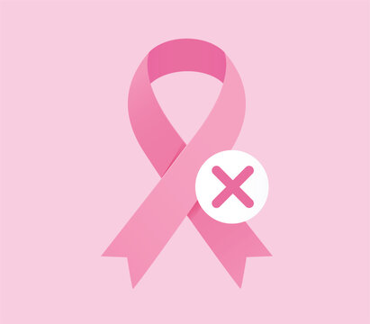 Vector illustration of a pink awareness ribbon for breast cancer prevention with a cross mark symbol on a pastel pink background, representing health screening.