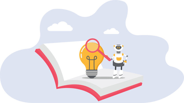 White futuristic robot inspecting large open book template layout using giant red magnifying glass