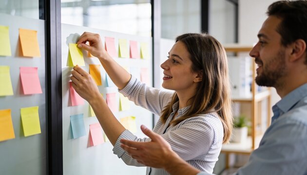 Placing female colleague wearing striped shirt positioning yellow sticky note on glass board office