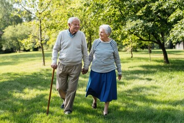 Obraz premium The elderly couple walking hand in hand through a sunny park in spring