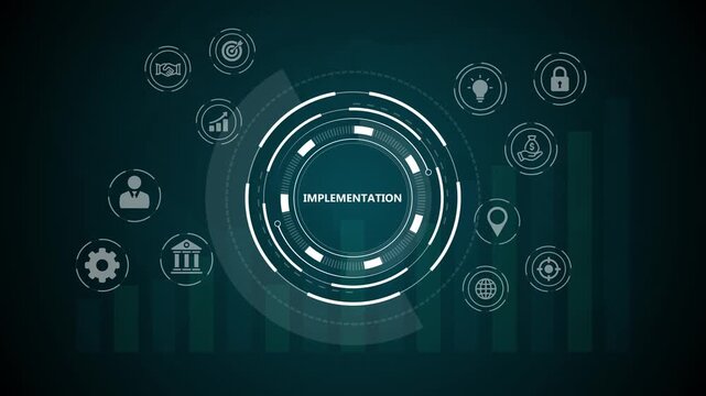 IMPLEMENTATION, web technology concept. Business, Technology, Internet and network concept.4k animation video