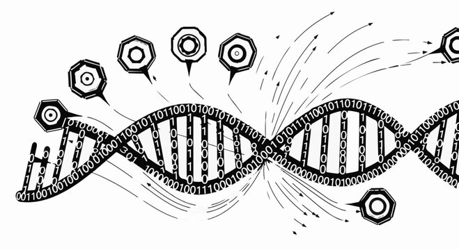 Abstract digital DNA helix interwoven with binary code and futuristic elements