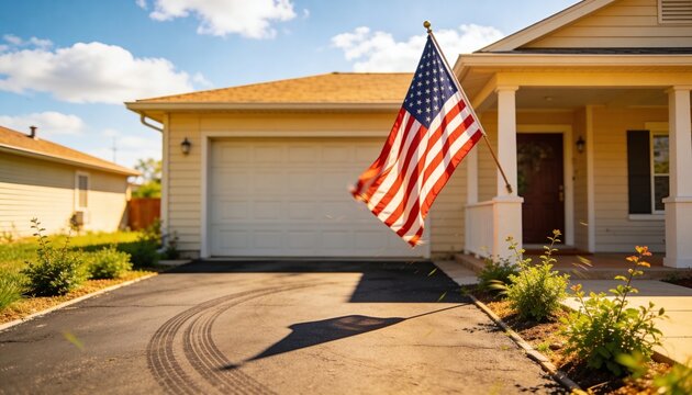 Fluttering American flag on porch pole casting shadow on asphalt driveway, with tire marks