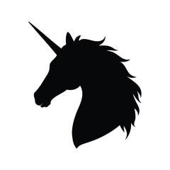 Silhouette of a majestic unicorn head with a flowing mane and horn, vector illustration, unicorn head profile silhouette vector illustration © hamiduls11arts