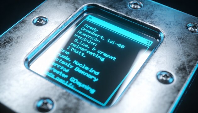 Displaying recessed touchscreen with cyan monospace text on metal plate with screws, blue LED rim