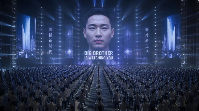 Massive crowd watches 'Big Brother Is Watching You' in a futuristic dystopian hall