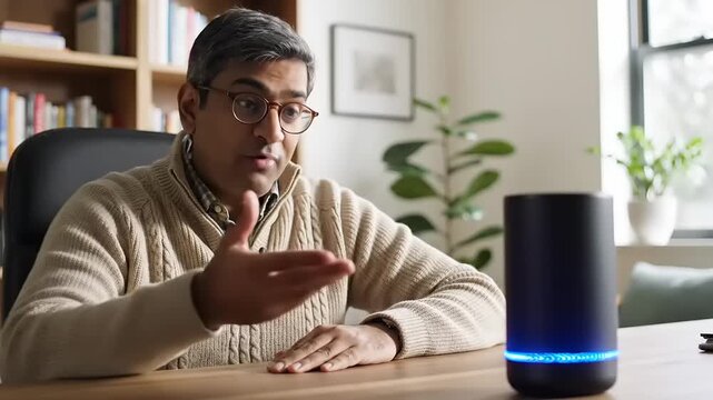 Man talking to a smart speaker device in a home office setting.