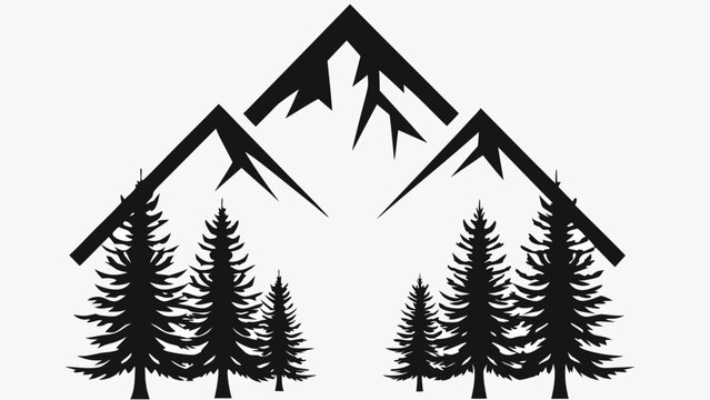 Black silhouette of pine trees and mountains