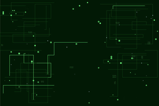 Abstract digital network with glowing green circuits and data points on dark background