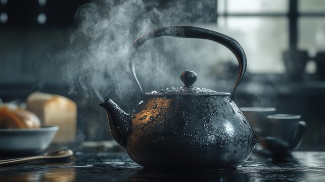 A steaming, vintage kettle on a kitchen counter with blurred food and cups