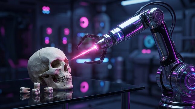 A shiny mechanical robotic arm uses a glowing laser beam to examine a human skull with several loose teeth nearby