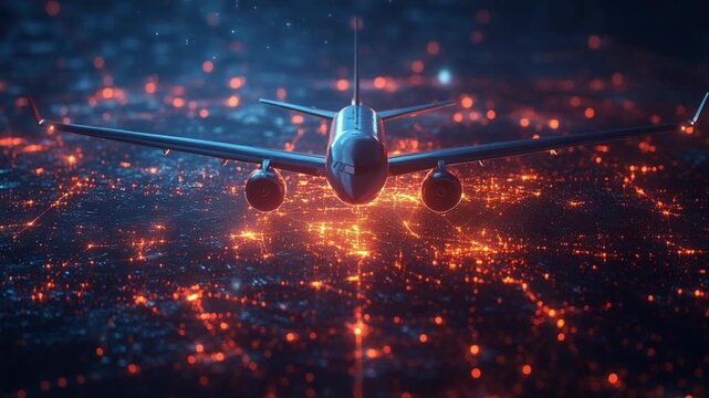 Airplane Flying Over City at Night: An airplane flies over a glowing cityscape at night, with countless lights illuminating the urban landscape below, creating a sense of wonder and travel.