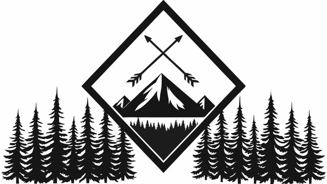 Black and white mountain logo with crossed arrows and pine trees