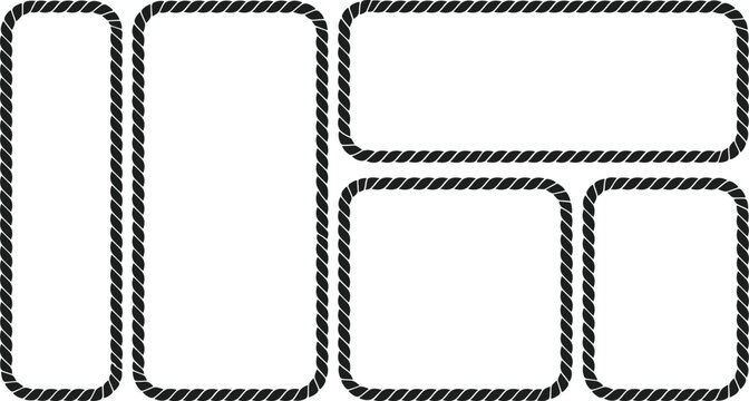 Collection of Rounded Rectangular Frames Made of Thick Black Rope on White Background border nautical