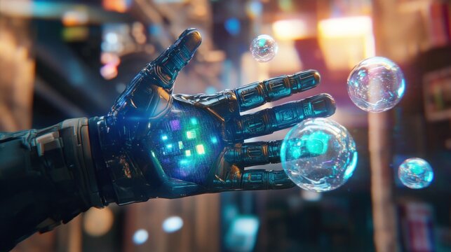 A futuristic robotic hand glows with energy as it interacts with ethereal, floating spheres