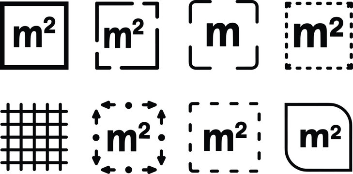 Set of Black Icons Representing Square Meters and Area Measurement vector illustration