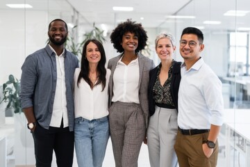 Fototapeta premium The team of smiling professionals posing confidently in a bright modern office setting