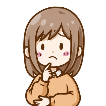 顎に手を当てて困る・悩む女性のデフォルメイラスト／Worried woman with hand on chin &ndash; troubled deformed character vector illustration