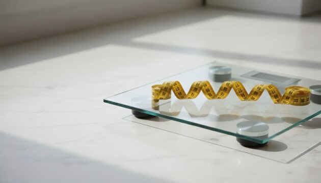 Yellow measuring tape resting on a glass scale on a bright marble floor for an obesity measurement and weight loss concept, highlighting diet and fitness goals