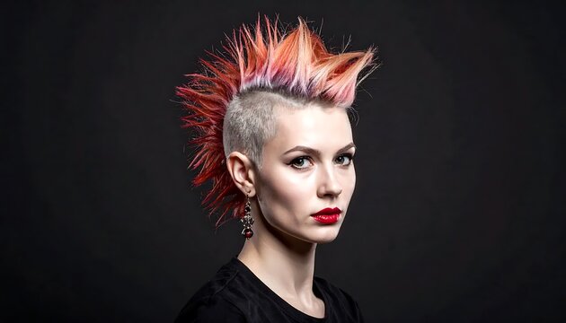 Edgy Young Woman Posing with Spiked Pink Red Mohawk in Dark Studio Portrait