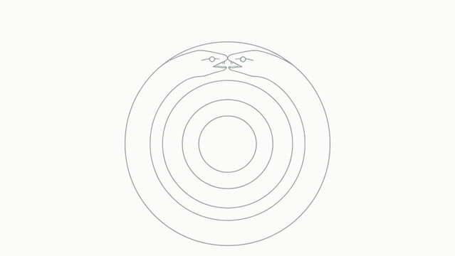 Minimalist monochrome line art illustration of two symmetric facing snakes forming an ouroboros-inspired nested concentric circle motif on plain off-white background