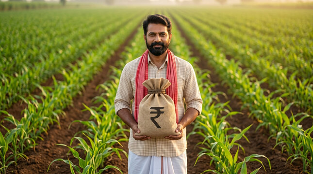 indian farmer holding rupee money bag in green farmland for agricultural finance crop loan rural banking and government subsidy concept
