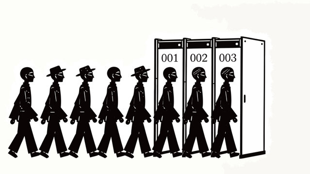 Minimalist Monochrome Paper Cut Illustration of Identical Uniformed Figures Marching In Line Into Numbered Booths, Exploring Themes of Conformity and Dehumanization