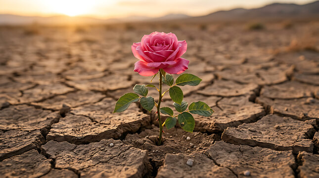 Pink rose flourishing in severely cracked dry earth under warm sunlight portraying strength and new life cracked ground resilience strength survival environment sunlight perseverance