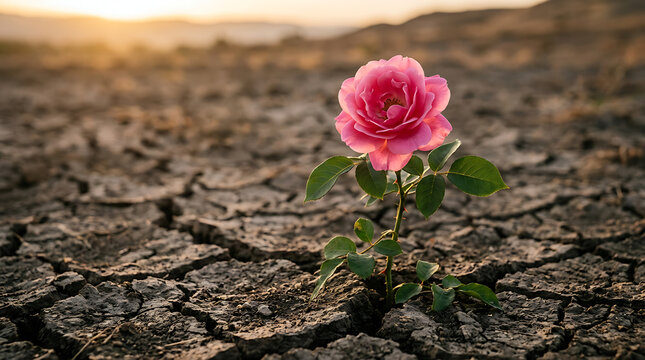 Single pink rose growing resiliently in parched cracked earth at sunset representing survival against adversity cracked ground dry land golden hour resilience survival adversity environment