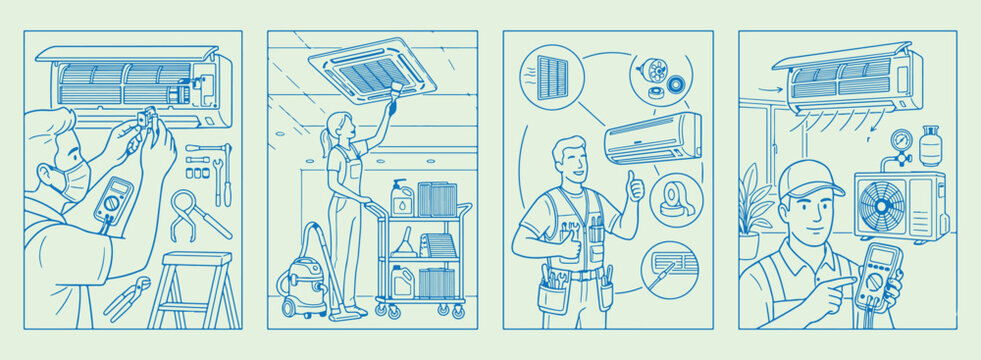 hvac repair service, technician maintenance work, air conditioning system, ventilation climate control, professional repairman job, minimal line art, vector background design
hvac, repair, service, te