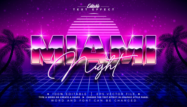Miami Night Editable Text Effect Graphic Style with Chrome Typography Lettering on Retro Palm Beach Background. Premium Scalable Mockup Illustration Template for Greeting Card, Party Flyer Sale Banner