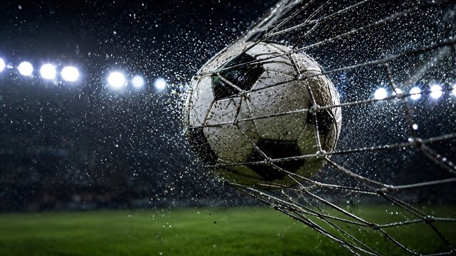 Soccer ball hitting goal net during professional football match