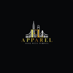 Fototapeta premium Luxury Apparel Logo Design with Golden City Skyline on Black Background