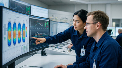 Naklejka premium Professional Engineers Analyzing Complex System Data on Screens in a Modern Control Room