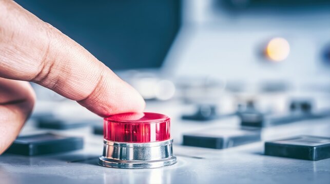 A finger hovers over a large red button on a metallic control panel. Dramatic lighting and shallow depth of field convey a sense of urgency and an important decision.