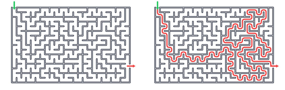 Two maze designs showing one unsolved maze on the left and the same maze with the solution marked in red on the right for easy navigation
