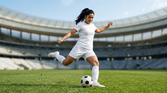 young indian female football player performing powerful kick on professional stadium field for women sports fitness football academy and athletic lifestyle concept
