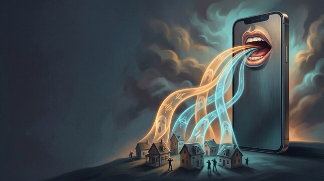 Conceptual illustration of digital misinformation and social media toxicity spreading through a smartphone as ghostly soundwaves affecting a miniature community.