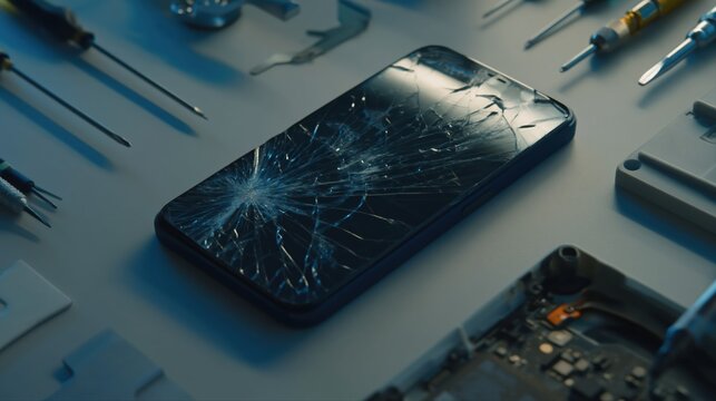 A cracked smartphone screen is surrounded by repair tools on a technician's desk. Bright lighting highlights mobile phone repair, damage, and restoration in progress.