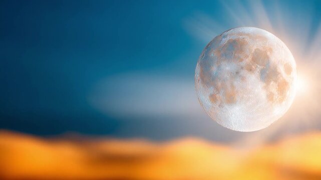 Lunar Radiance: A luminous full moon shines brightly in the twilight sky, casting a gentle glow over dramatic orange clouds, creating a scene of serene cosmic beauty.