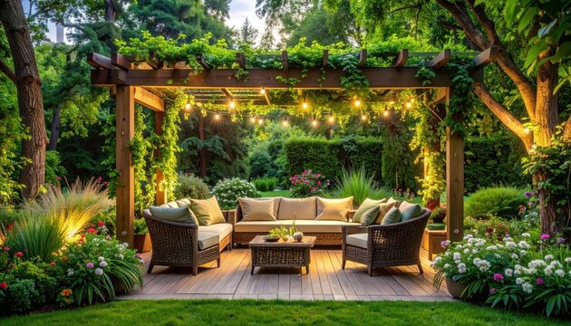 Cozy outdoor living space with wooden pergola, furniture, string lights, and lush garden