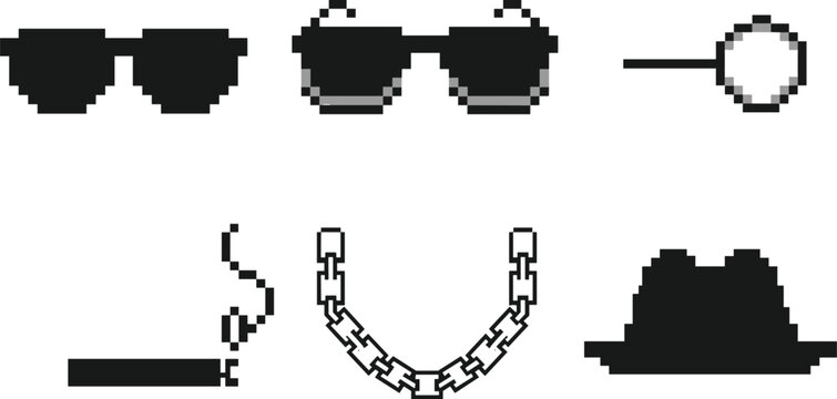 Retro 8 bit pixel art thug life meme accessory icon set featuring sunglasses magnifying glass gold chain fedora hat and cigarette for game assets