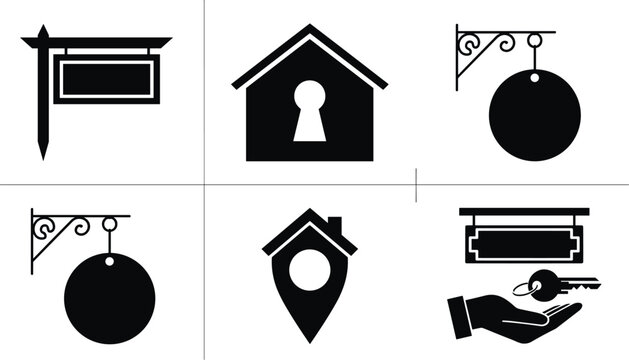 Real estate and property icon set with house silhouette keyhole location pin hanging signs and hand holding house keys for rental agency graphic vector design assets