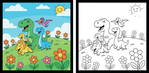 Happy Cartoon Dinosaurs Playing in a Sunny Flower Field Under a Blue Sky © MstSangita